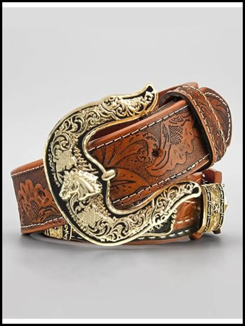 Western Cowboy Leather Belt with Horse Head Buckle and Concho
